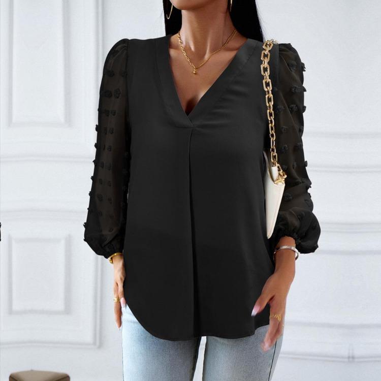 Blusa da Donna Casual Elegante Manica Lunga Scollo a V Colore Unico Larga Camicia Autunnale da Pendolare