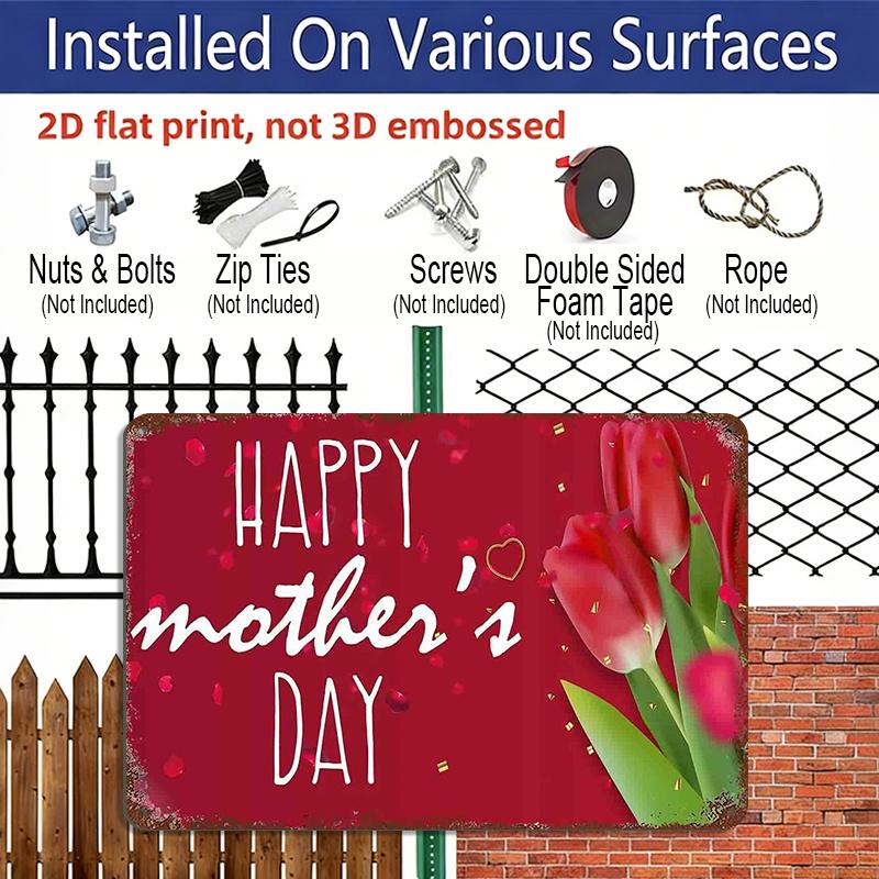 2D Flat, 1pc "Happy Mother's Day" Aluminium Sign 8x12 Inch - Red Tulip & Heart Design, Vintage Distressed Finish, Mother's Day Wall Decor, Gift for