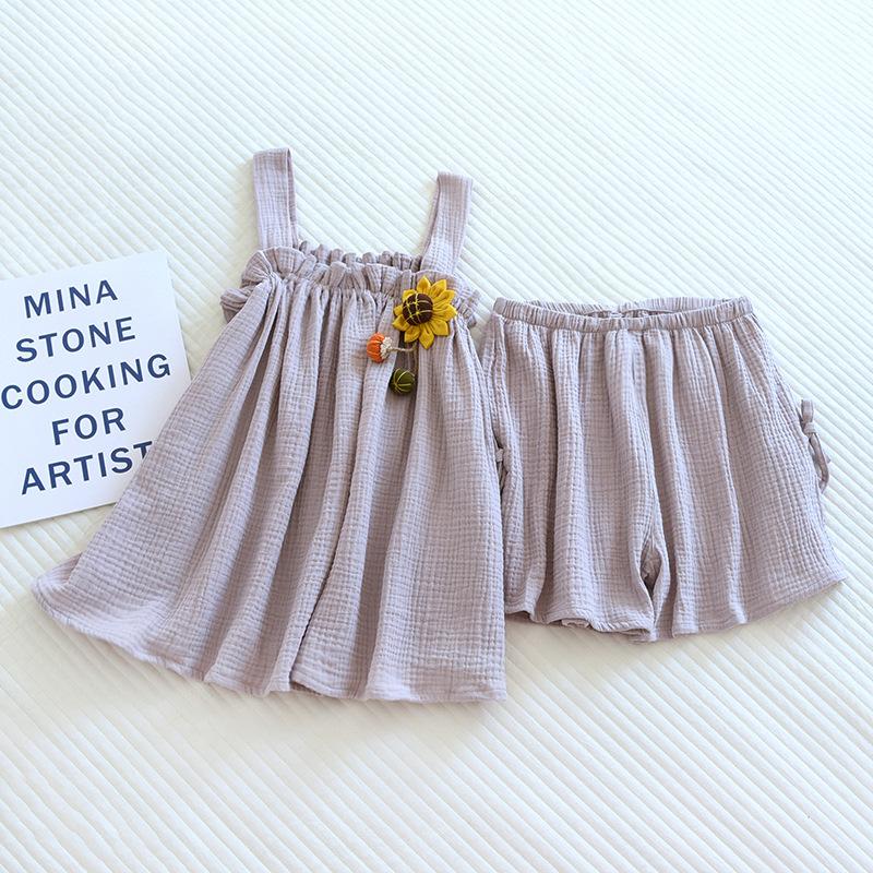 

Летний новый женский пижамный костюм 100% хлопок креп подтяжки + шорты тонкая милая домашняя одежда комплект из двух предметов пижама XL фиолетовый