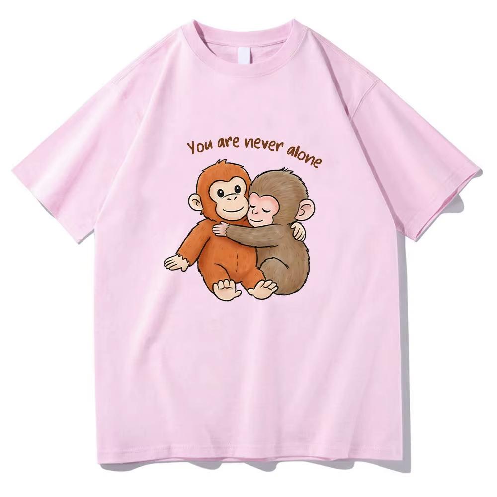Punch Monkey Tshirt Cute Baby Monkey with Plush Toy Graphic T Shirts Emotional Gift Animal Lovers Pure Cotton Top Women Men S