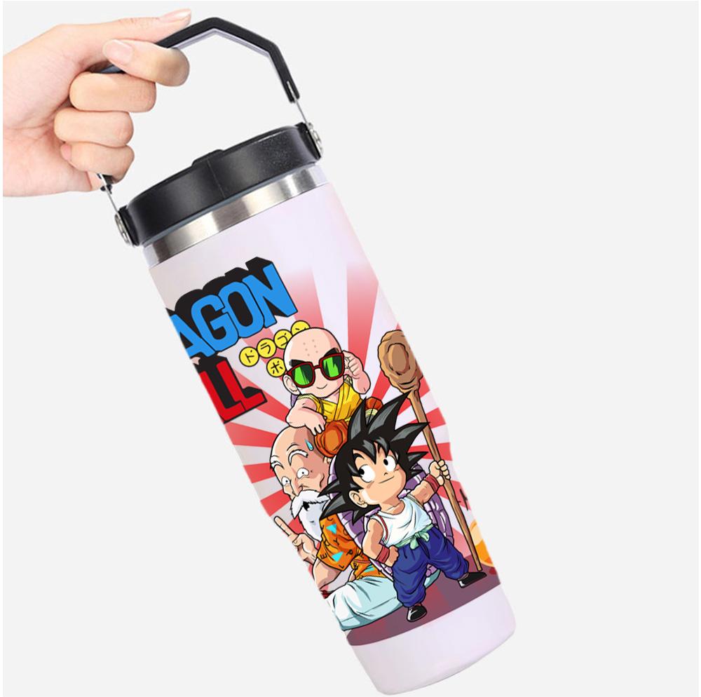 30oz Anime Printed Portable Car Cup Stainless Steel Thermos Cup with Straw Travel Sport Water Bottle Handle Coffee Vacuum Flask