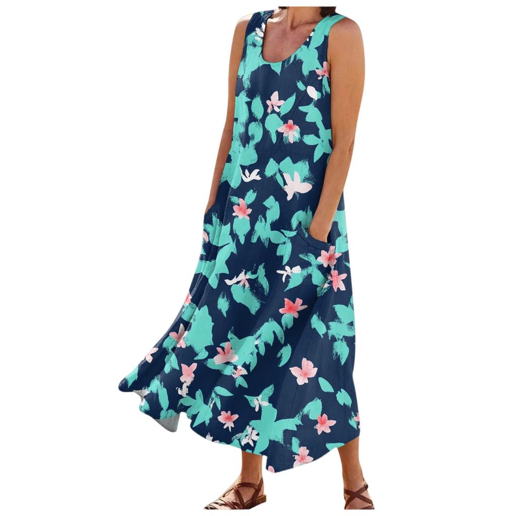 Damenmode Sommer Lässig Ärmellos Floral Bedruckt Kleine Tasche Kleider