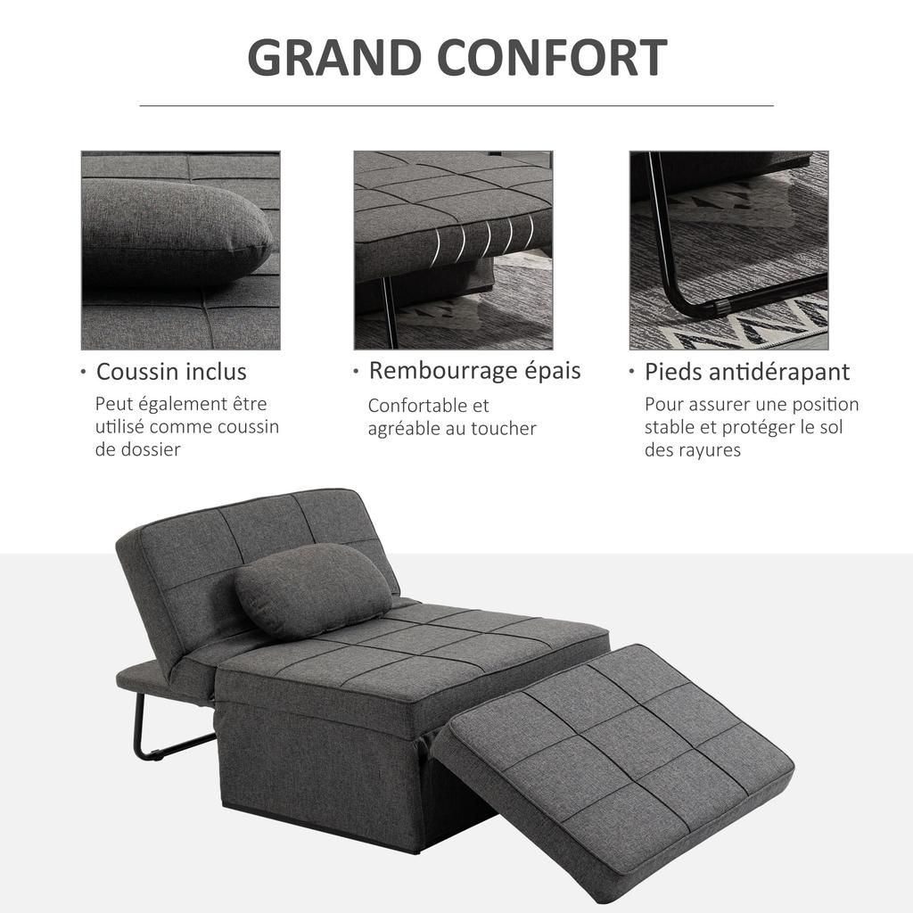 4-in-1 Single Armchair Convertible Chair Bed Pouf Reclining Backrest 5 Levels Folding Footrest, Load 200 Kg, Metal Frame and Linen Fabric Gray
