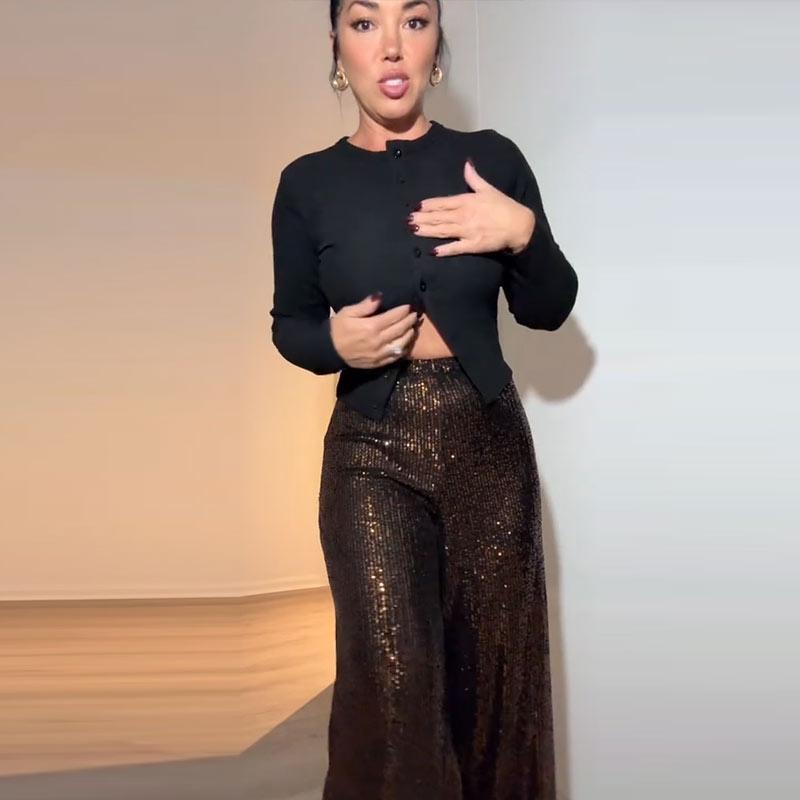 Elegant Shinny Sequin Long Pants Women Fashion High Waist Draped Loose Trousers Spring Autumn Casual Wide Leg Solid Color Party Pant