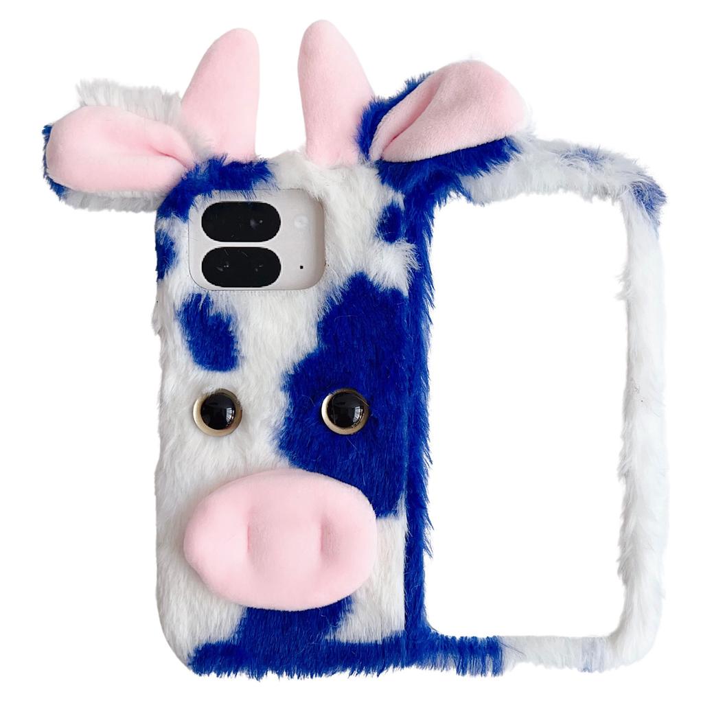 For Google Pixel 9 Pro Fold 5G Case Fluffy Cute Cow Winter Plush Inner TPU Phone Cover