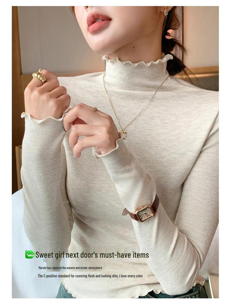 H360 Women's Lace Knit Ruffle High Neck Slim Fit Base Layer for Autumn/Winter