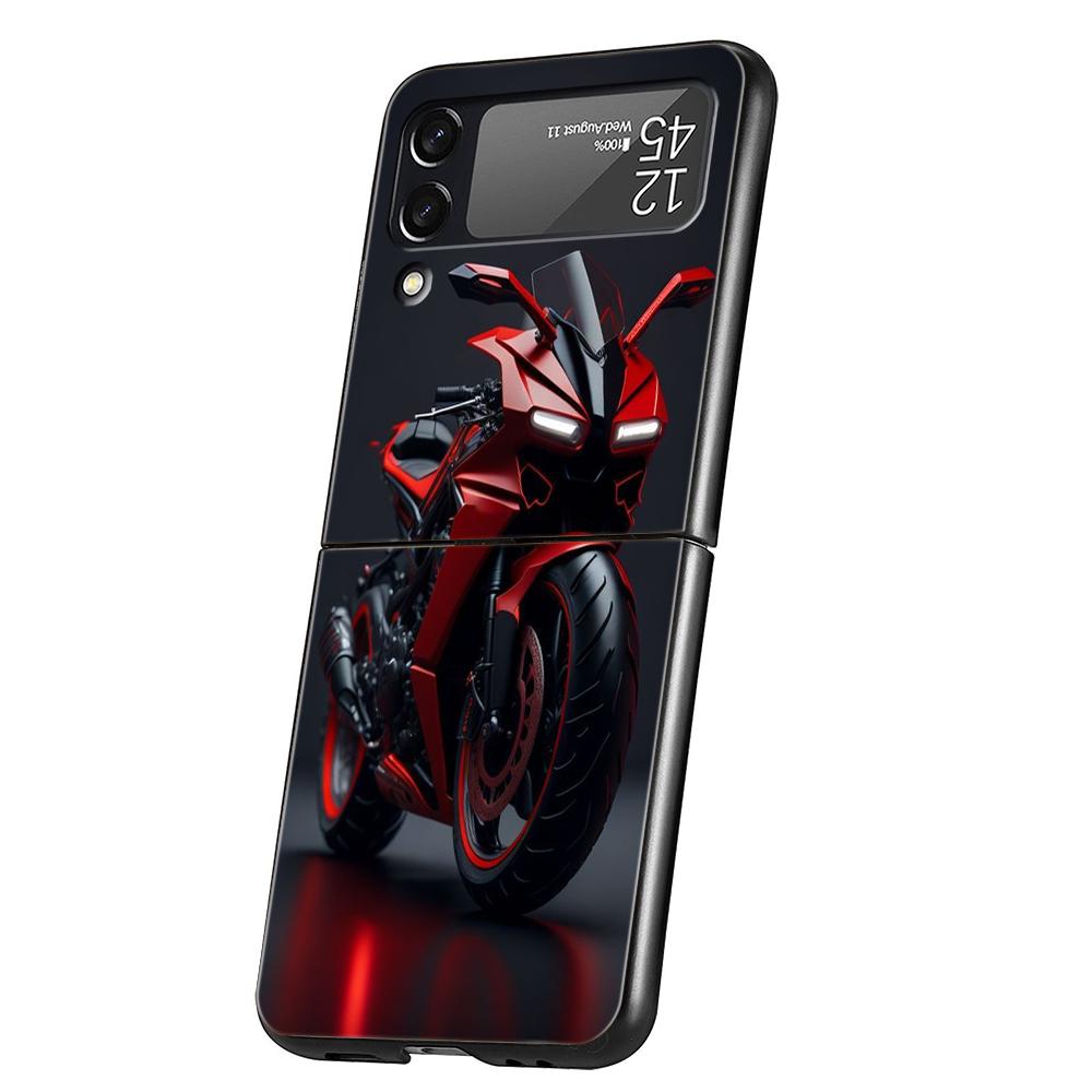 Motorcycle Hard PC Phone Case For Samsung Galaxy Z Flip 5 4 3 Black Cover For Galaxy Z Flip 6 Foldable Shockproof Cases Fundas