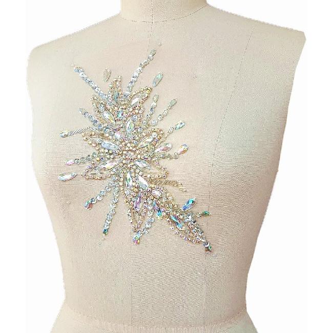 Exquisite Uniquely Pure Handmade AB Colour Bright Crystal Patches Sew-on Rhinestones Applique with Stones Sequins Beads for Wedding Dress DIY Manual