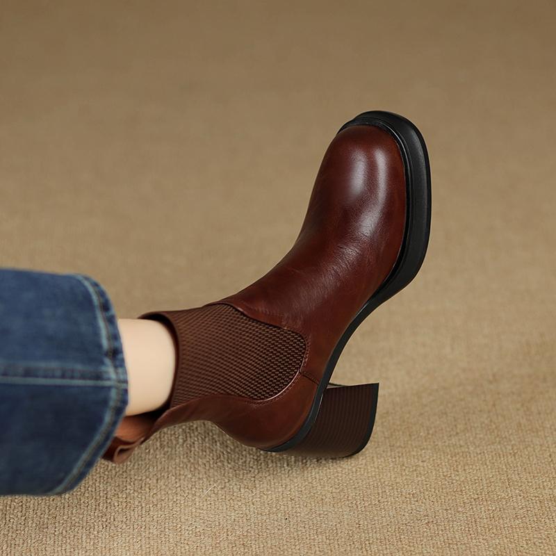 Genuine Leather Retro Round Toe Elastic BandThick-Soled High Heel 2025 New Black Short Boots Woman Chelsea Shoes Ankle Boots