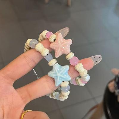Pink Blue Colorful Beaded Bracelets Y2K Beaded Bangle Cute Starfish Bracelet  Marine Accessories
