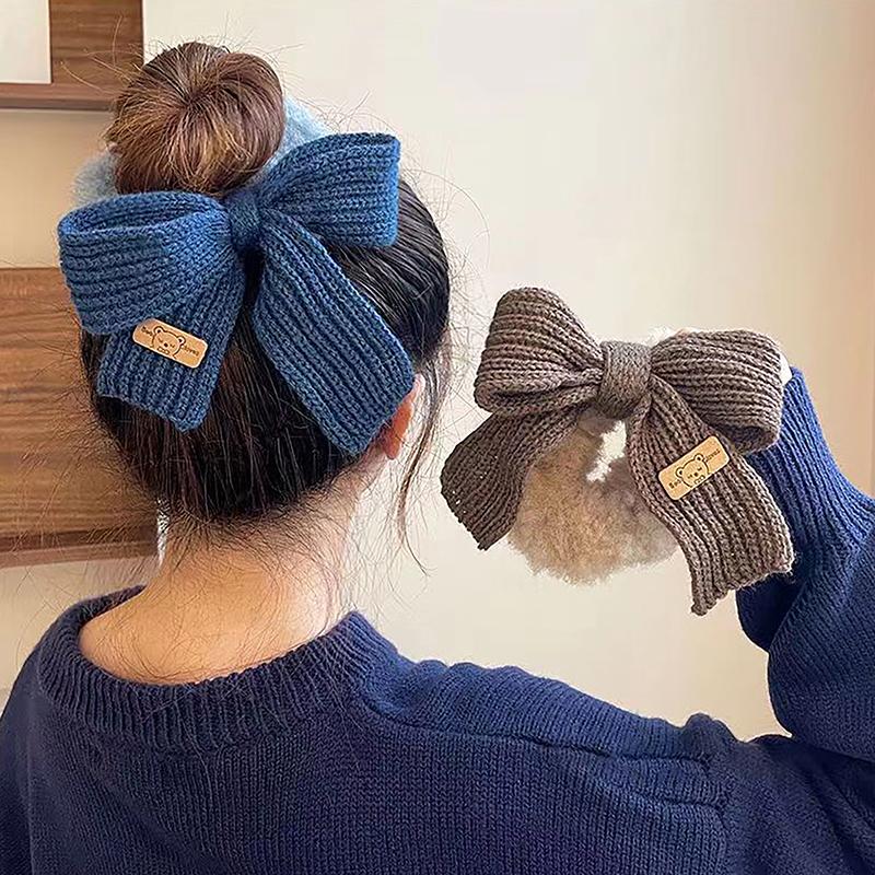 Cute Bow Rubber Band Lamb Wool Bowel Hair Rings Knitted Wool Plush Ponytail Hair Tie Headwear Scrunchies Girls Hair Accessories