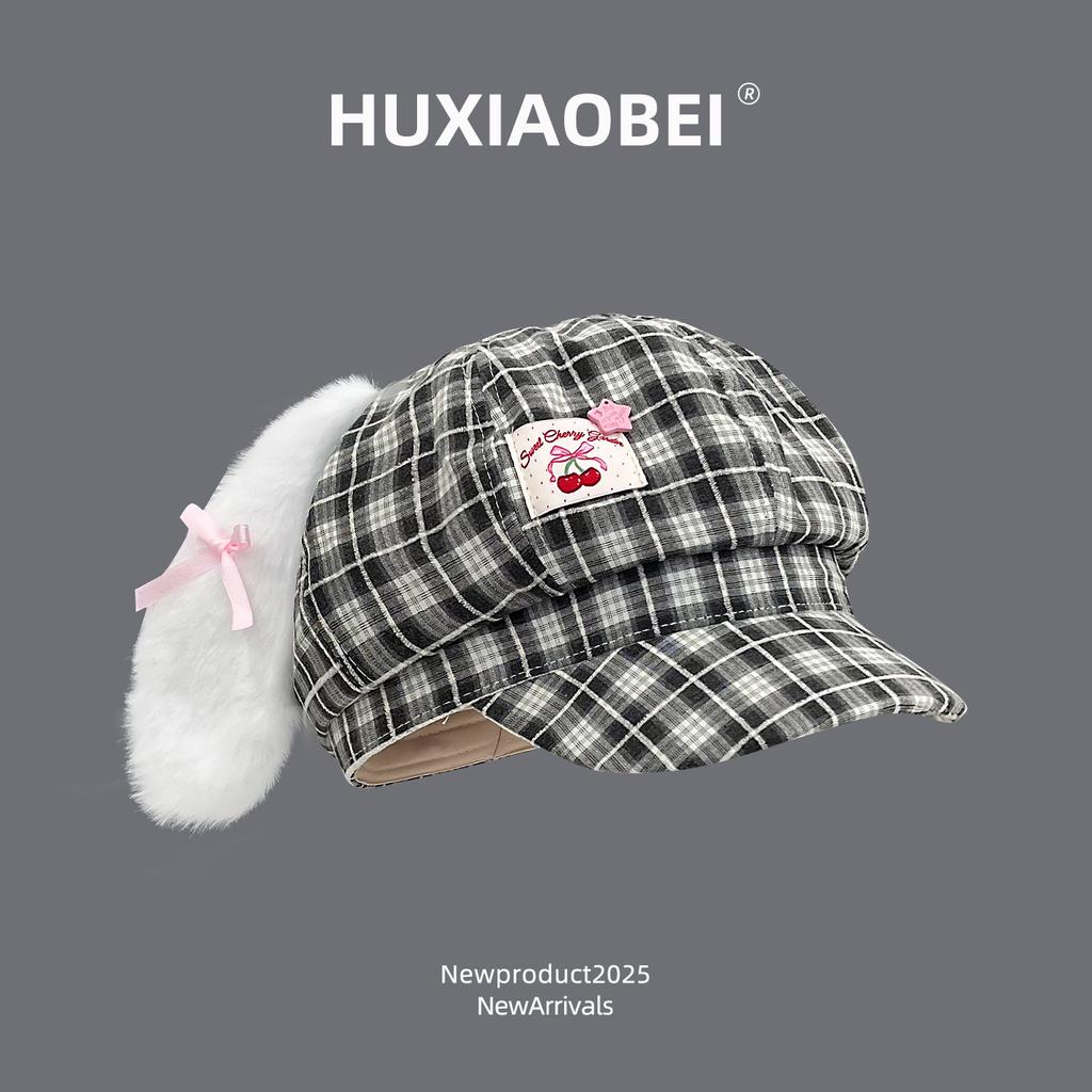 Cute plush rabbit ear bow plaid octagonal hat children versatile spring and summer sunshade travel beret tide