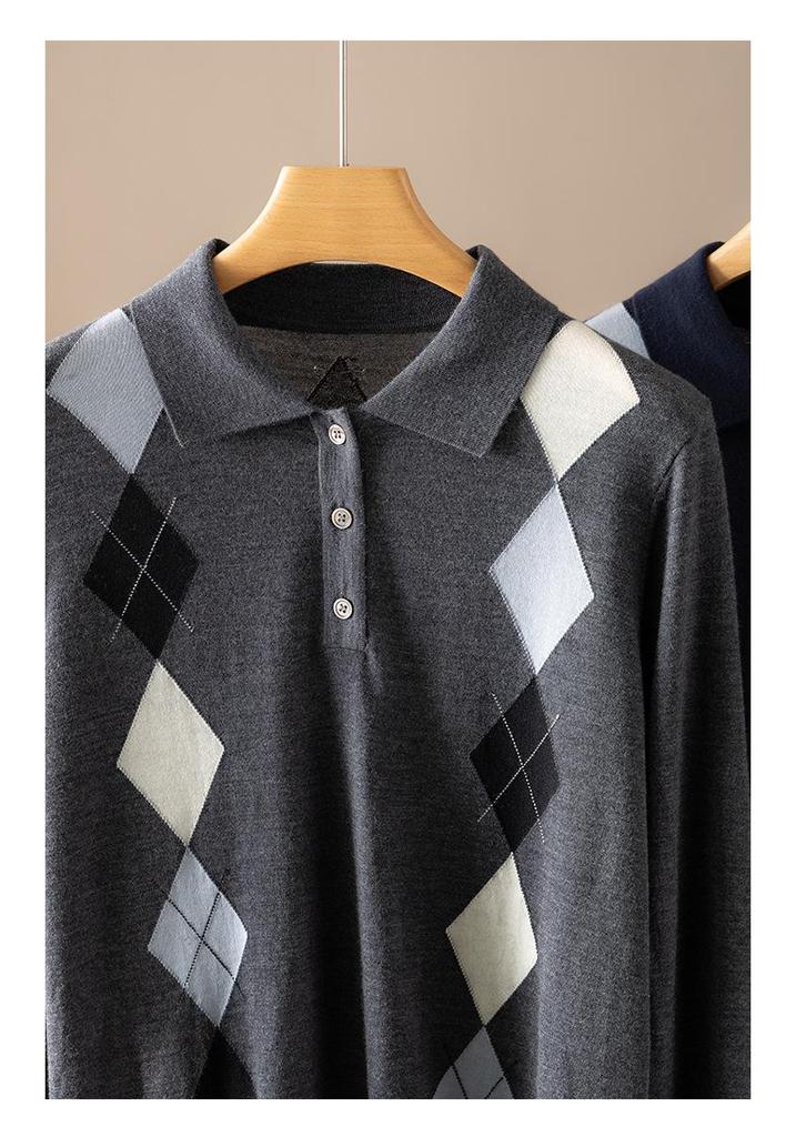 Women's Merino Wool Polo Collar Sweater - 2026 Spring/Autumn, Diamond Pattern Knit Pullover