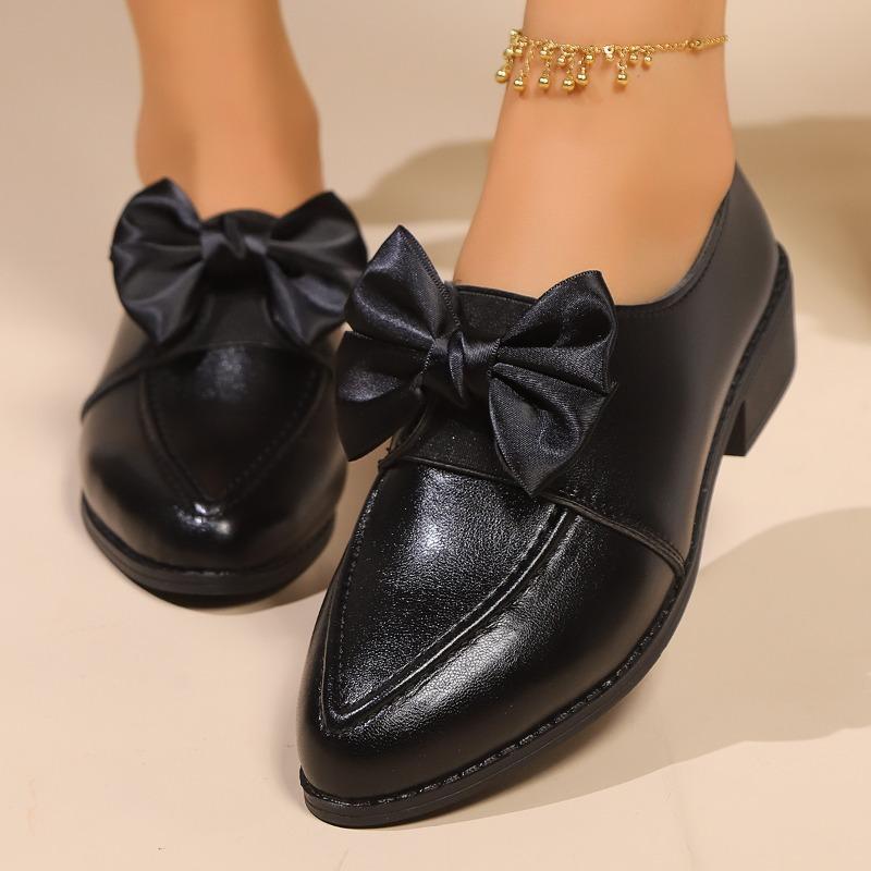 Bow Block Heel Small Leather Shoes Women's Pointed Toe Deep Mouth Lace-Up Front Plus Size Versatile Kitten Heel Single