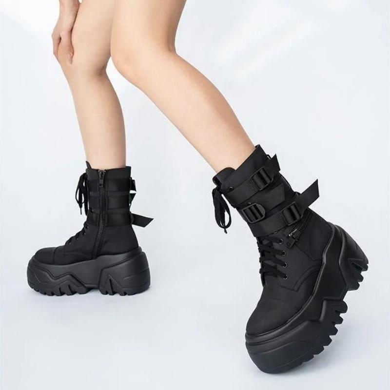 Fashion Women Ankle Booties Autumn Leather Chunky Shoes Woman High Platform Breathable Sneakers 9CM Thick Sole Wedges Motorcycles Boots