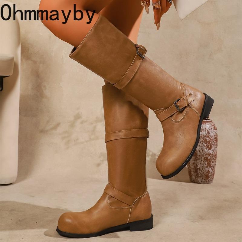 Winter Street Belt Buckle Women Knight Long Elegant Low Heel Female Slip On Knee High Top Booties De Muje