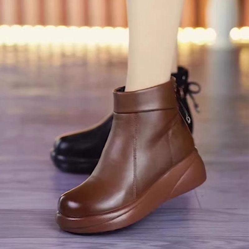 Soft leather autumn and winter new thickened thermal cotton boots women's rear lace-up velvet mother shoes comfortable round head versatile women's sh