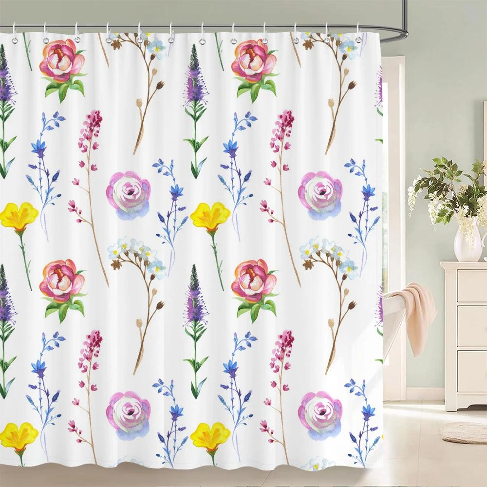 Colorful Beautiful Flowers Shower Curtains With 12 Hooks Floral Printed Fabric Shower Curtain Waterproof Polyester Bath Screen