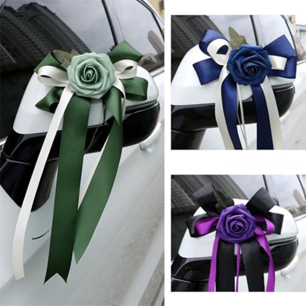 2/4/6/8pcs Wedding Car Rear View Mirror Bow Decoration Car Bow Silk Flower Simulation Flower Bow Decoration Wedding Decorations