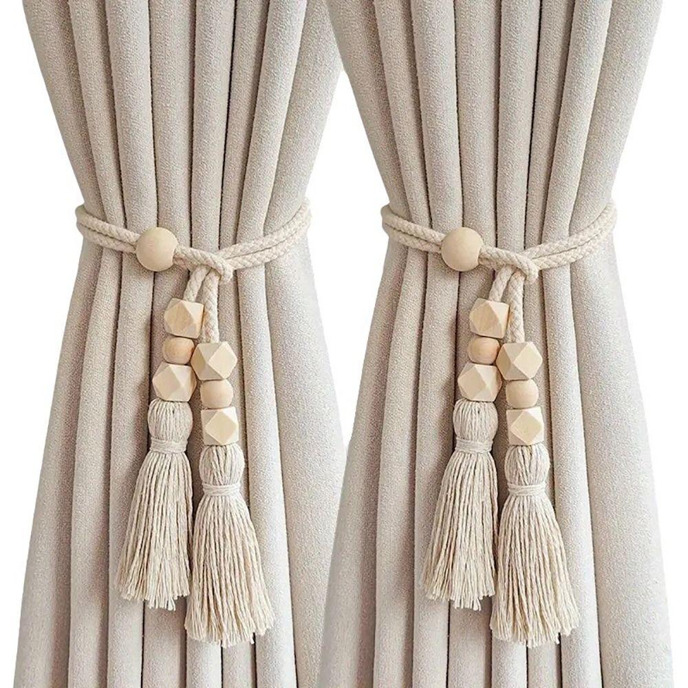 2Pcs Wooden Bead Curtain Tiebacks Fixed Curtain Hooks Curtain Tying Rope Home Decor Accessories