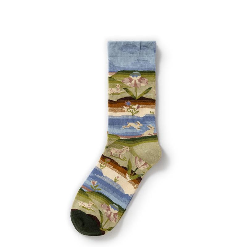 French Retro Abstract Oil Painting Mid-Calf Socks - Trendy Autumn/Winter High-Top Creative Combed Cotton for Women