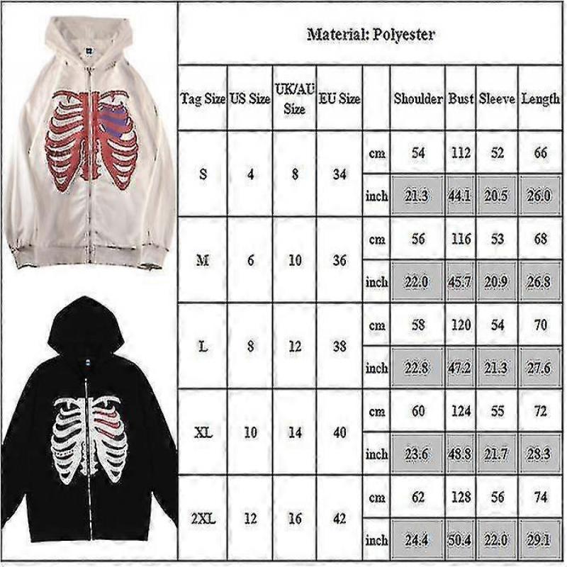 Women's Fashion Skeleton Body Printed Full Zip Hoodie Jacket Ladies Hooded Zipper Sweatshirt Coat Outerwear L