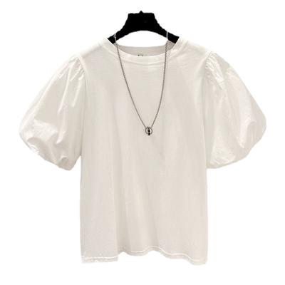Loose Short-sleeved T-shirt with Bubble Sleeves Cotton White Tops for Women