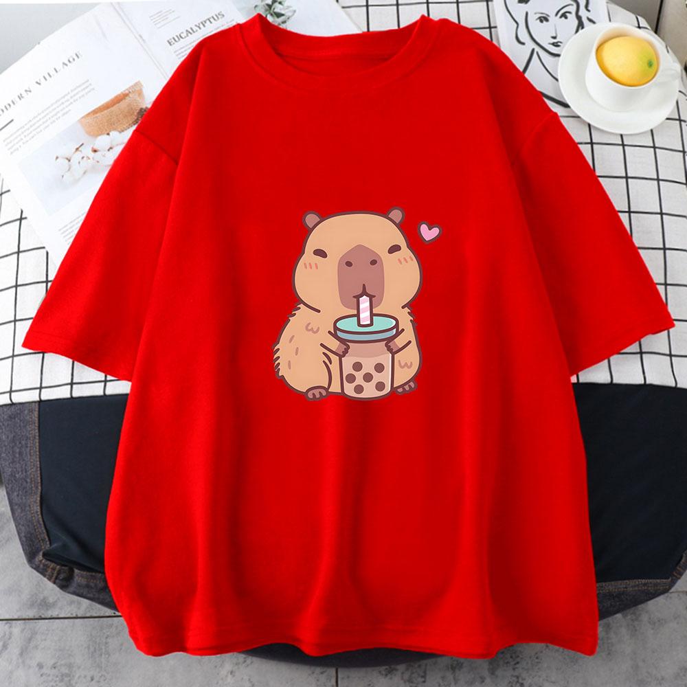 Capybara Loves Drinking Bubble Tea Tricou 100% Bumbac Haine de vară Casual Femei/Bărbați Tricou Kawaii Drăguțe Fete Cămăși Moda
