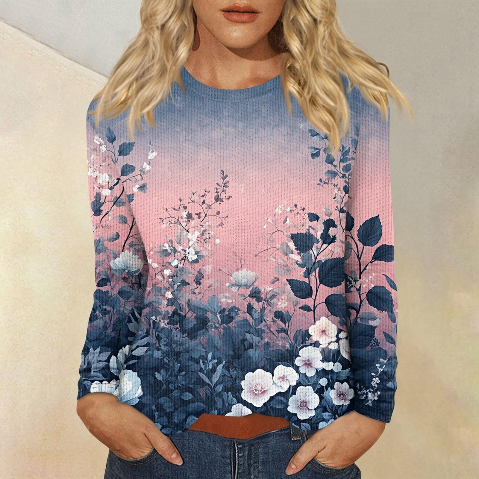 

Длинные рукава топы для женщин футболка повседневные принты топы футболка круглый вырез пуловер блузка XL розовый