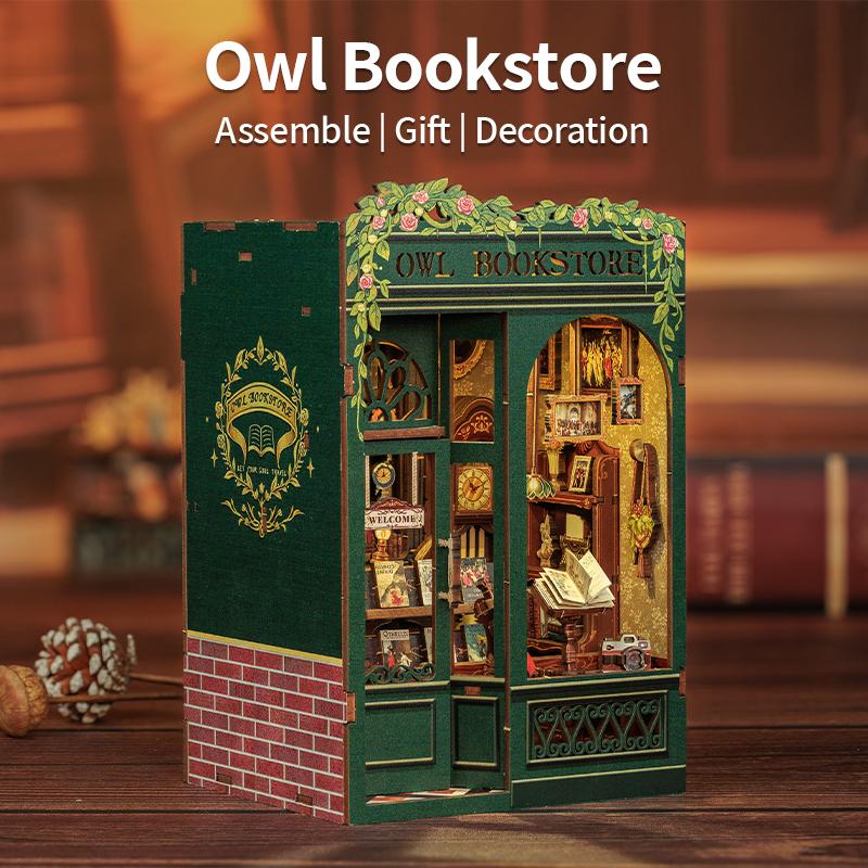 DIY Book Nook Kit Miniature Wooden Dollhouse with Lights Bookshelf Insert 3D Puzzle Model Owl Bookstore Gifts