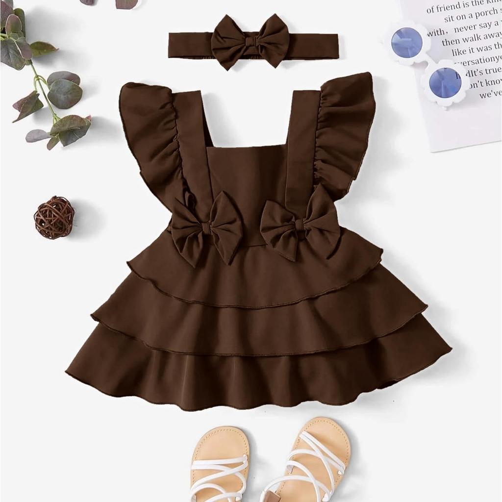 LYTIX Baby Bow Front Square Neck Layered Hem Bodysuit Dress for Girls | Ruffle Dress for Baby Girls | Breathable Kids Frock & Dresses for Babies