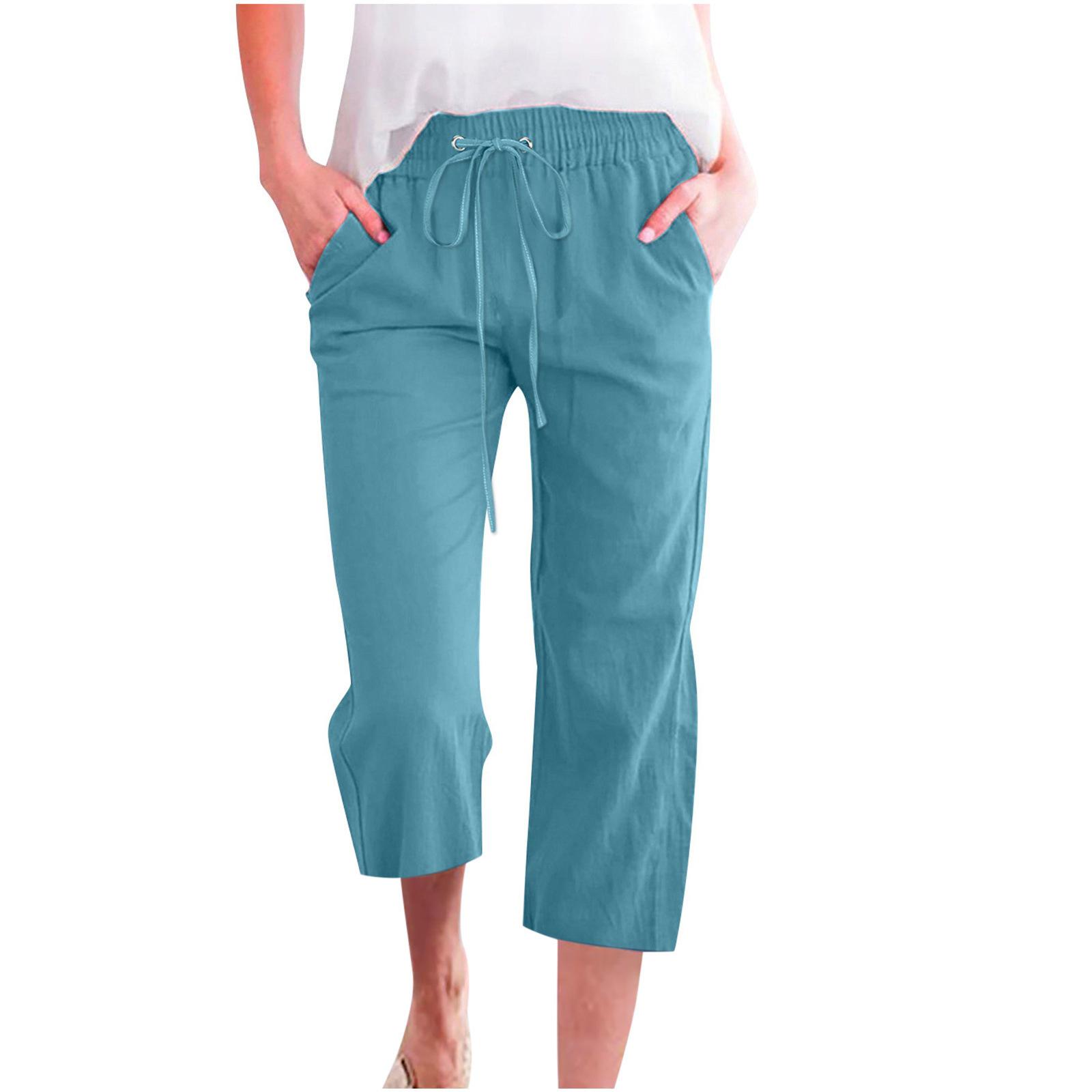 Spring Solid Color Cotton Linen Loose Drawstring Casual Cropped Pants M павлин голубой