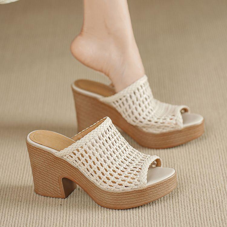 Sandalo con Tacco Alto da Donna Retrò Rete Traforata Trecce Zeppa Ciabatta Estiva Semplice Versatile Quotidiano Casual Piattaforma 2026