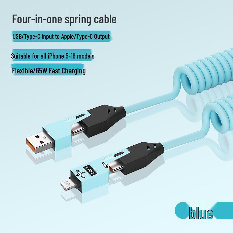

Spring Data PD 65W Fast Charging Cable for Apple, Huawei, Type-C, 4-in-1 Car Charger. 1.5M Spring Four-in-One [No Package]