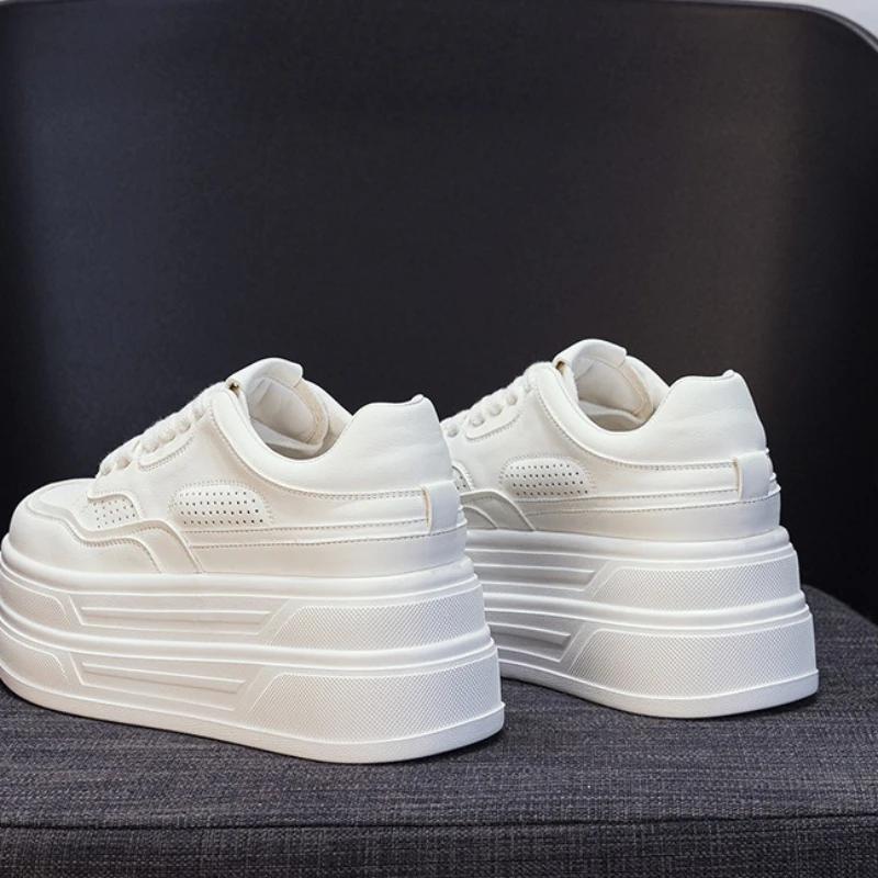 Echtes Leder Damen Weiße Schuhe Damen Plateau-Sneaker 7cm Absatz Freizeitschuhe Laufschuhe Mode-Sneaker bequem