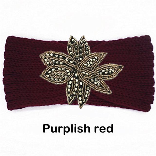 Crystal Beaded Flower Knit Headband For Women Winter Wool Ear Warmer Hairband Turban Headwrap Hair Accessories Bandeau