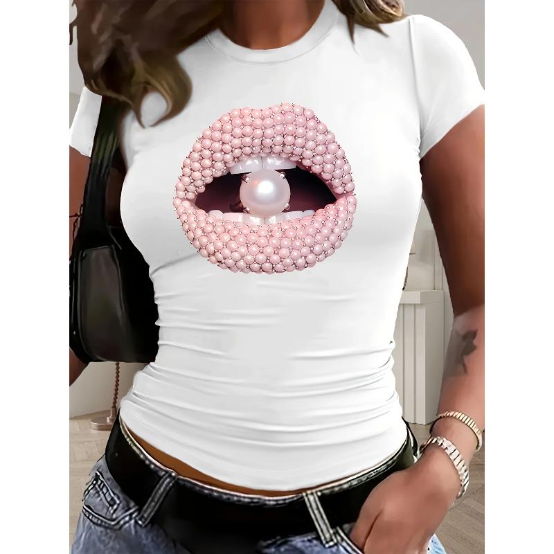 

Womens Style Pearl Lips Print T Shirt Light Pink Slim Fit Round Neck Short Sleeve Sexy Casual Spring Summer Fashion Top 4XL білий