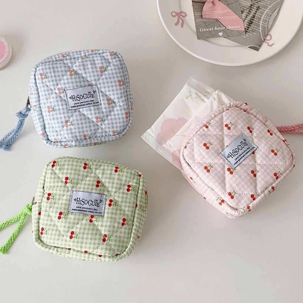 Large Capacity Fruit Cherry Pencil Bag Cute Design Cloth Plaid Pen Bag  Kids Girl
