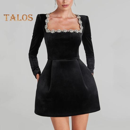 Mini abito da donna con colletto quadrato, manica lunga, decorazione floreale con perline, abito corto, vita alta, lunghezza sopra il ginocchio