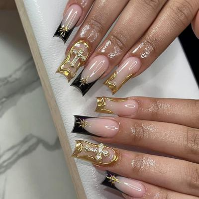 24PCS Luxury Long Square False Nails Black French with Golden Irregular Pattern Star Fake Nails for Women Wearable Press On Nail