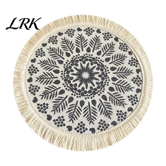Pastoral Home Decor Mats Vintage Round Coasters, Cotton Linen Placemats, Soft Jute Rustic Style Coasters Tassels Drink Mats, Handwoven Table A