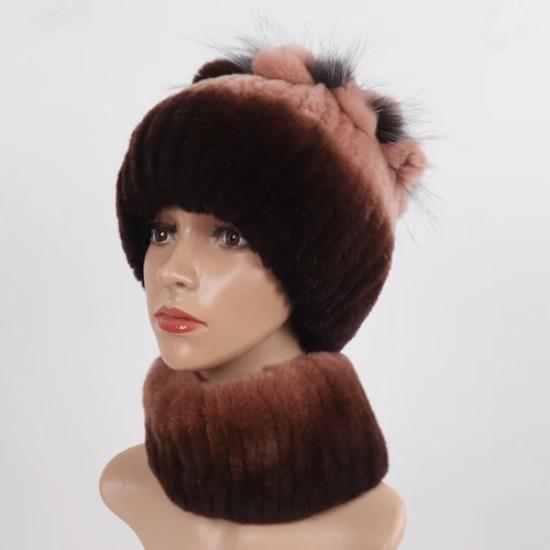 Knitted Women Warm Rex Rabbit Fur Hat Scarf Sets Winter Natural Rex Rabbit Fur Cap Scarves Russia Lady Fur Hats Muffler 2 Pieces