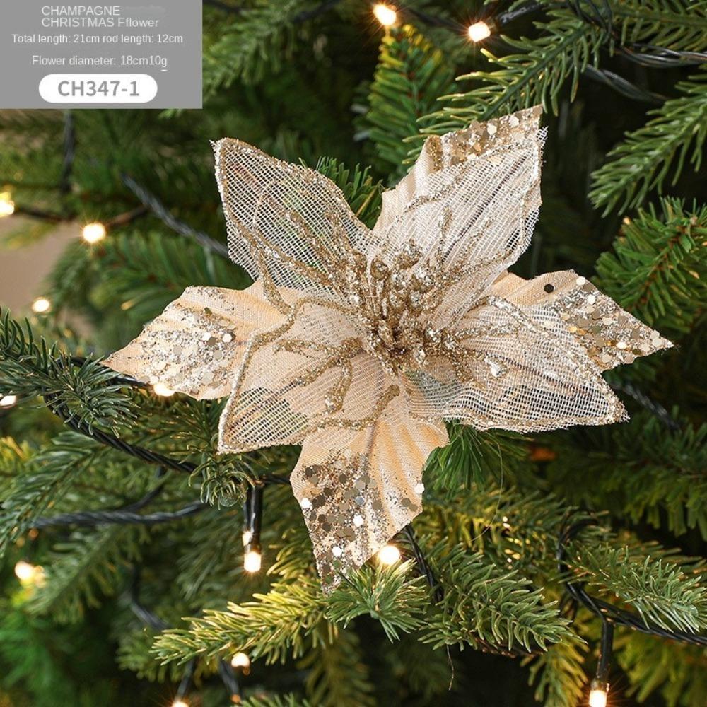 18cm Poinsettia Glitter Flower DIY Fake Flowers Christmas Flowers Large Hanging Ornaments Xmas Tree Decorations