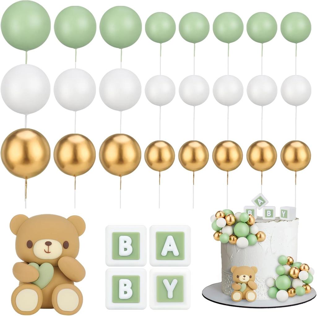 29 Pcs Bear Cake Topper Baby Shower Cake Decorations Cute Bear BABY Letter White Foam Balloon for Baby Shower Cake Topper Kids