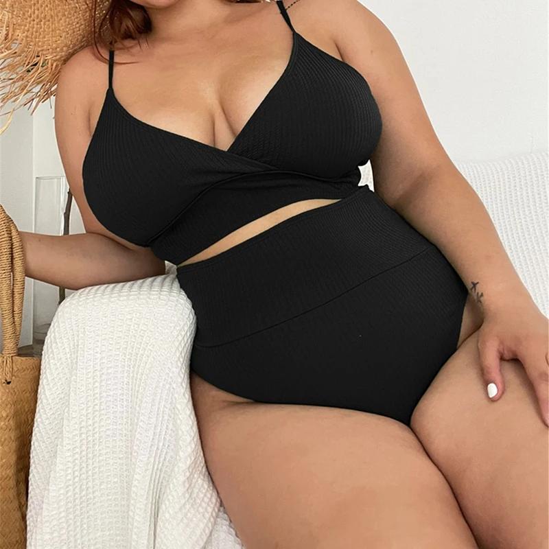 Große Größe 4XL Frauen Low-cut Bikini Set 2024 Neue Frau Badeanzug Backless Strukturierte Bademode Hohe Taille Push-Up Bademode tankinis
