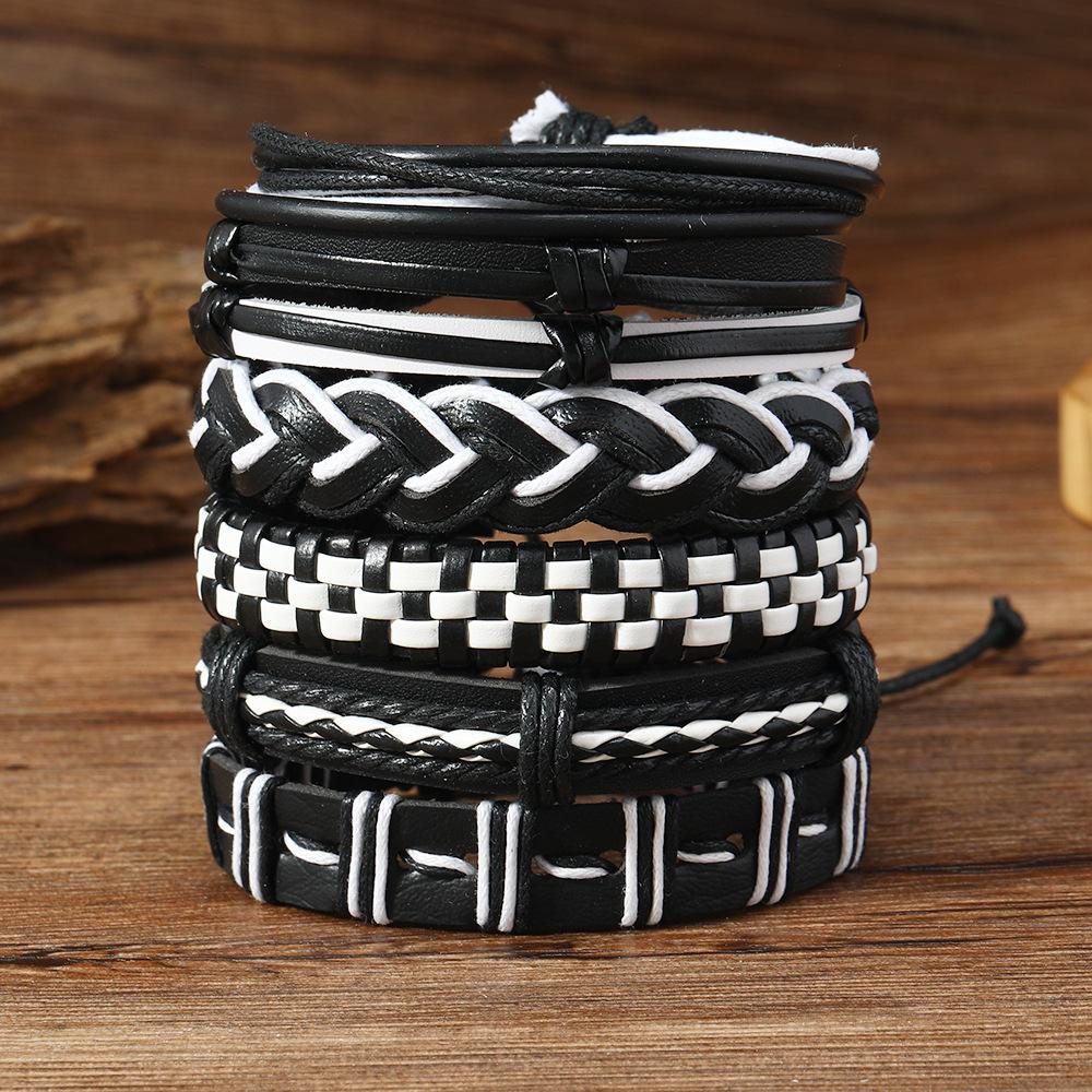 Foreign trade new street hip-hop style adjustable leather woven hand rope set, cross-border men's DIY leather bracelet
