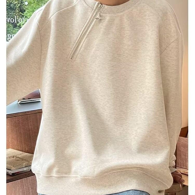 

Men s Autumn/Winter Patchwork Hoodie with Metal Side Zipper – Round Neck, Solid Color, Loose Fit. 3XL сірий колір/абрикосовий