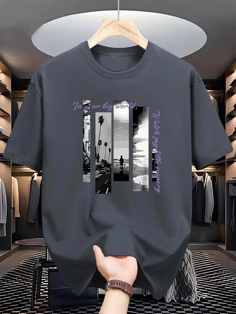 Summer Fashionable  Crew Neck T-Shirt - Men's Casual Short-Sleeve Tee with Seaside Letter Print, Slight Stretch, 180gsm