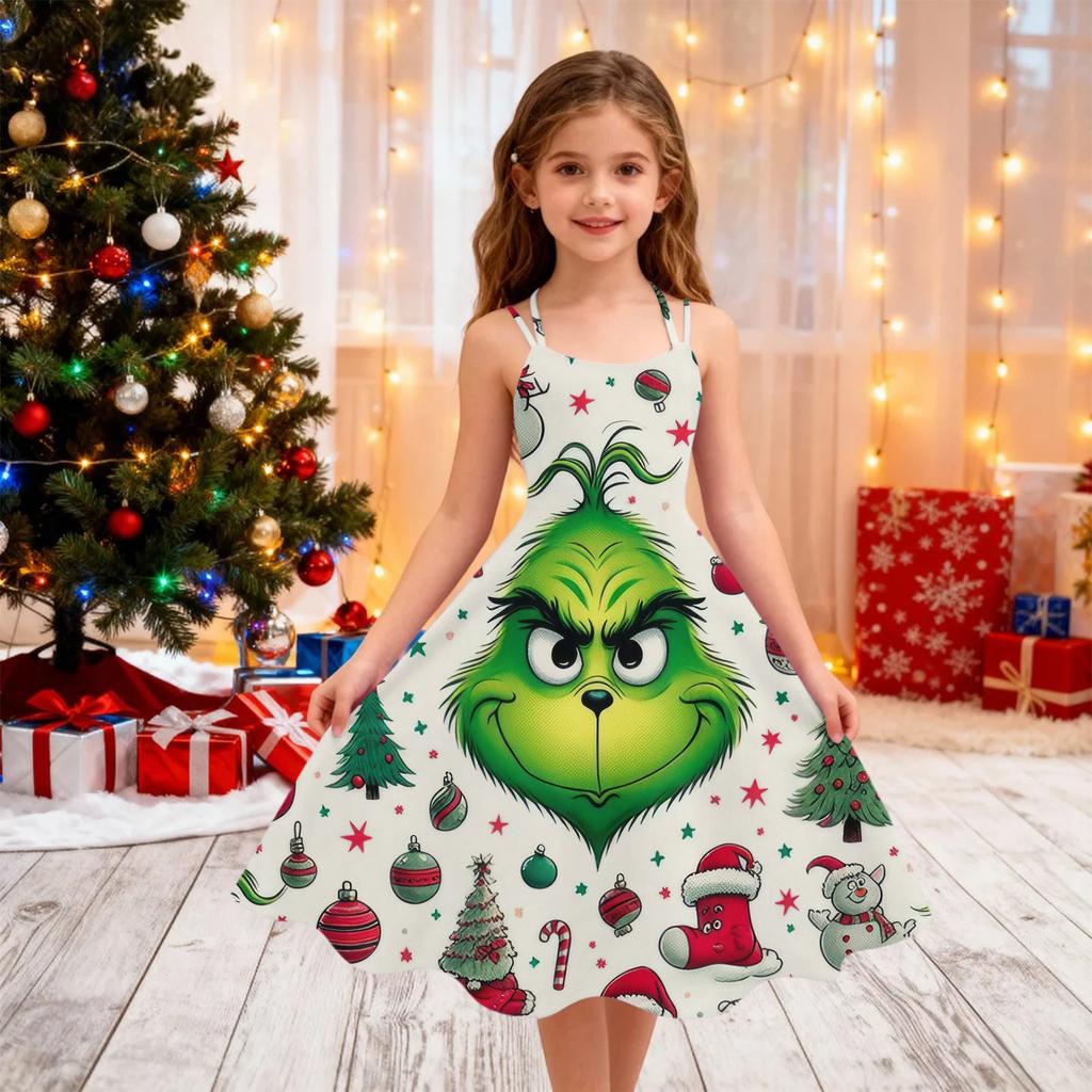 Children's Fashion Casual Christmas Print Off-Shoulder Punk Vintage Dress