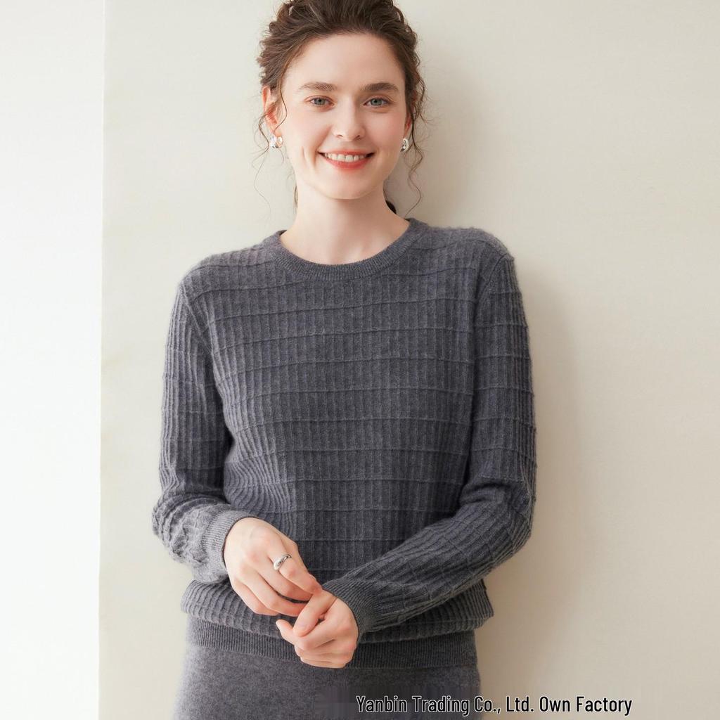 Women's Pure Cashmere Waffle Knit Round Neck Base Layer